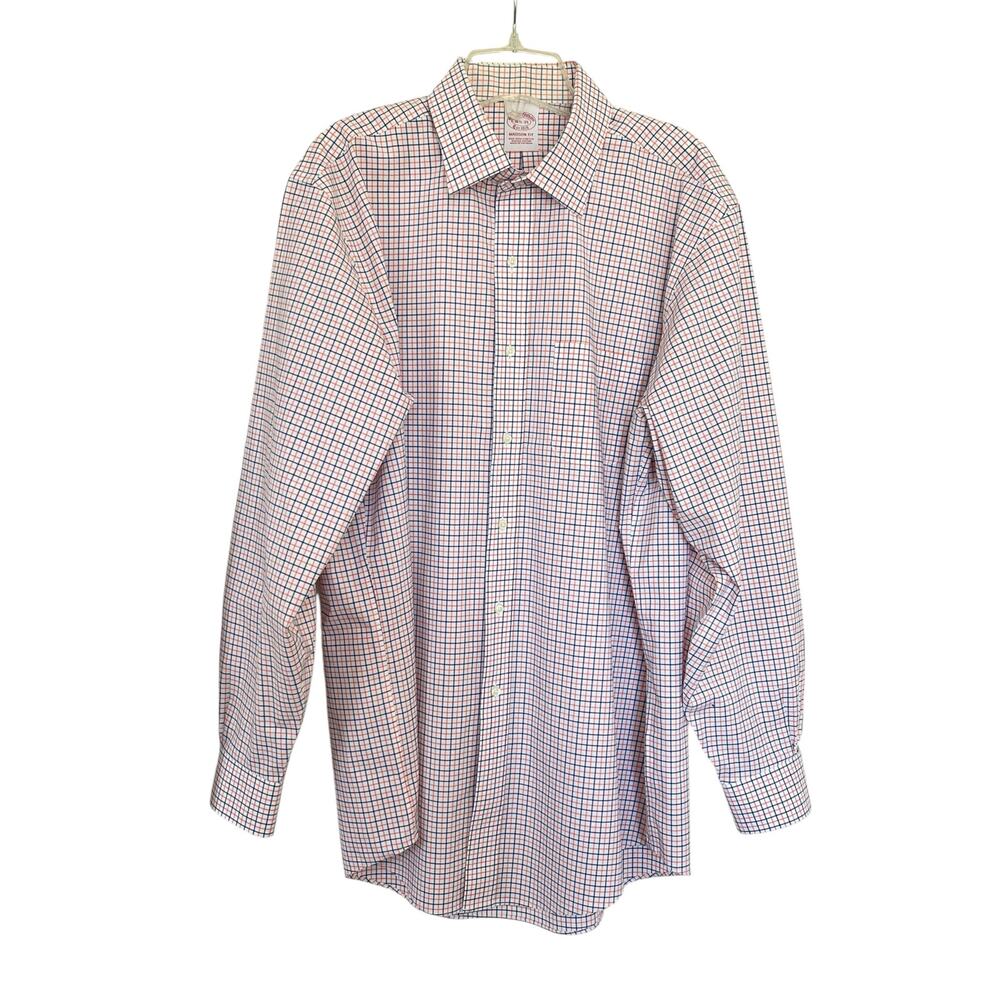 Brooks Brothers White Navy Orange Plaid Check Madison Fit Non-Iron Dress Shirt
